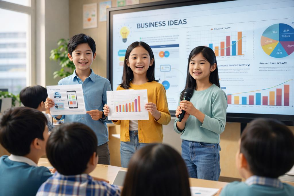 Asian generation alpha students presenting business ideas in modern classroom with digital smart board and teamwork collaboration