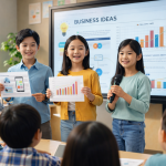 Asian generation alpha students presenting business ideas in modern classroom with digital smart board and teamwork collaboration