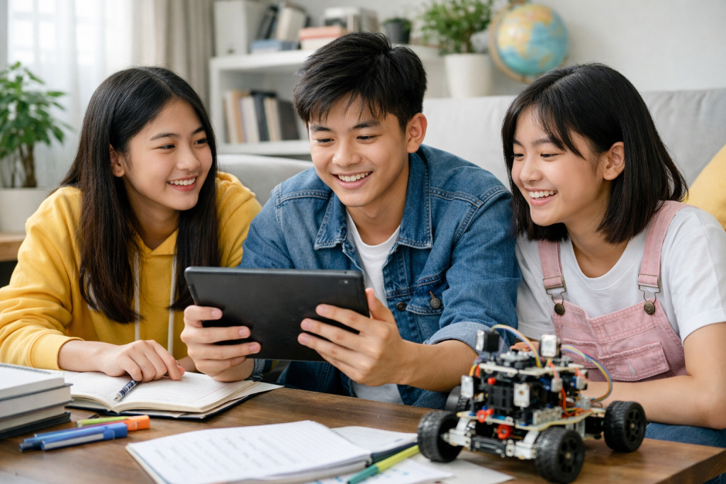 Tiga remaja usia 15 tahun belajar bersama menggunakan tablet sebagai gambaran karakteristik Gen Alpha di era digital