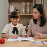 Orang tua mendampingi anak belajar di rumah dengan tenang sambil membangun kemandirian belajar